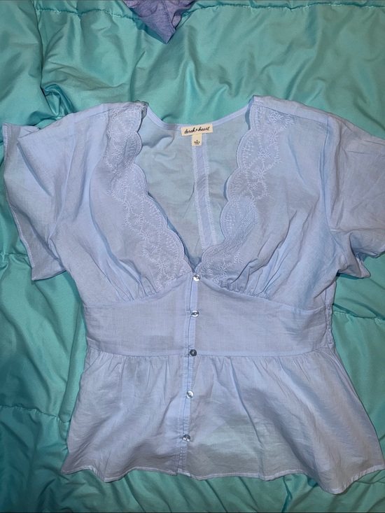 Derek Heart Tops - Derek Heart Light Blue Embroidered V-Neck Button Blouse